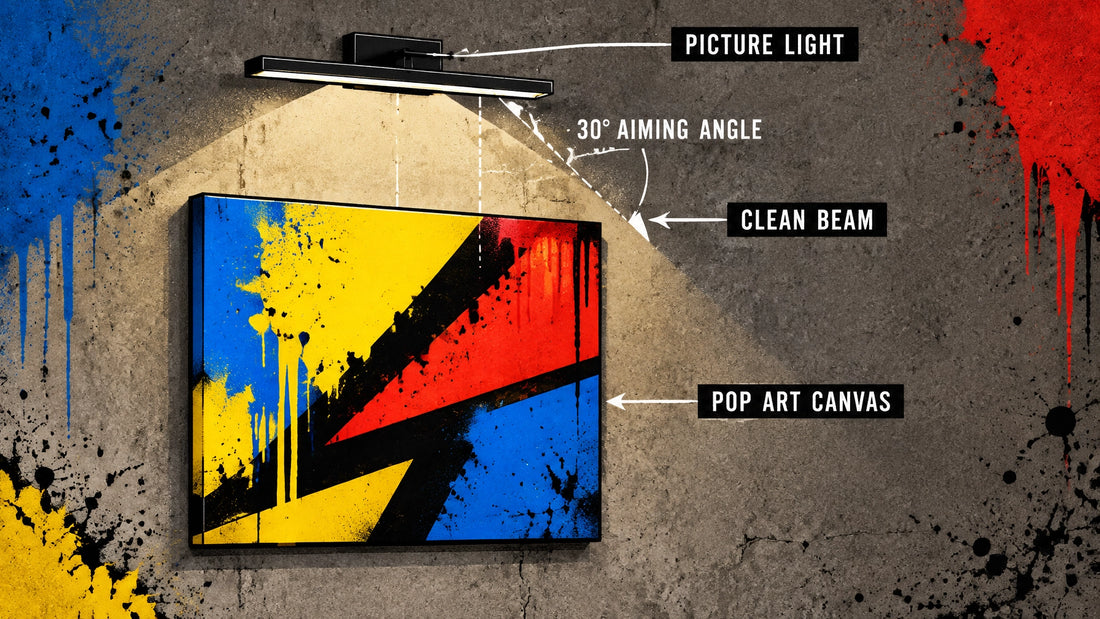 Technical diagram of a picture light casting a clean 30-degree beam across a colourful pop art canvas, with labelled lighting