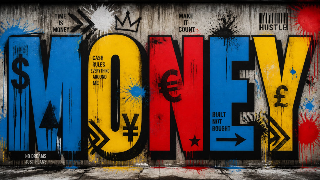 Giant bold painted word MONEY in massive block capitals sprayed across a raw concrete wall, with layered overspray, stencil a