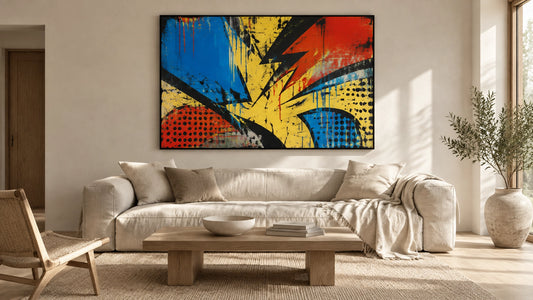 Tranquil Sunday living room with soft linen textures, pale walls and one bold abstract pop art canvas as the only loud elemen