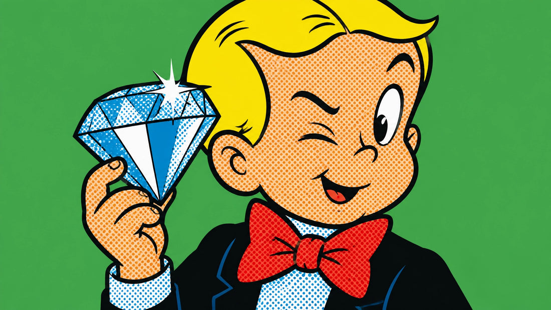 Richie Rich art money wall art pop art canvas tight chest-up portrait with wink and giant diamond on flat green background