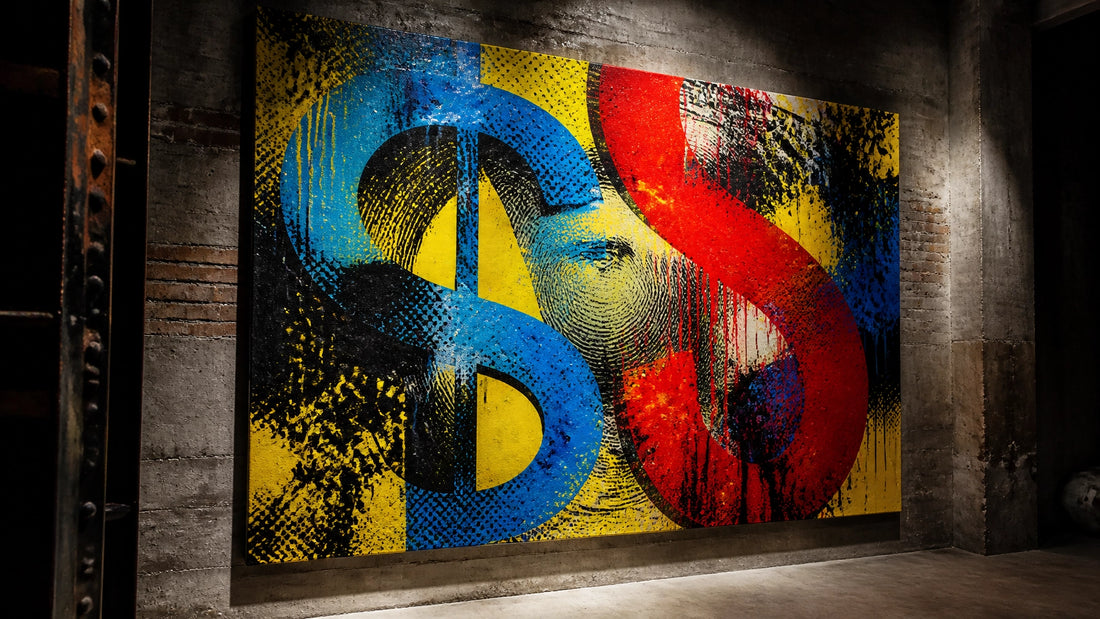 Oversized abstract pop art canvas with visible spray texture in a raw industrial loft under dramatic gallery lighting