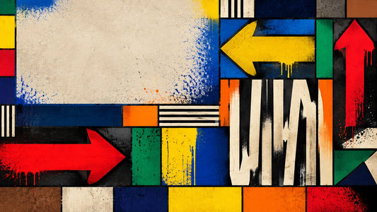Abstract geometric wall art composition with board-inspired colour blocks, bold painted arrows, distressed screen-print textu