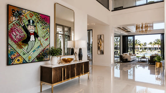 Photoreal luxury home entryway with a console table, mirror, polished floor and bold Monopoly-inspired canvas in bright welco