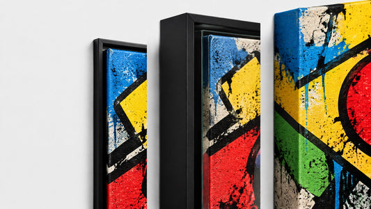 Macro comparison of float, deep box and frameless canvas profiles beside a bold abstract money-themed street-art edge