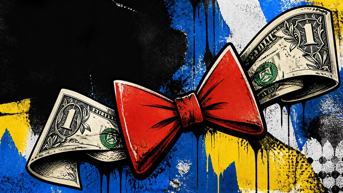 A dollar bill unraveling into an abstract red bowtie shape against an electric-blue and canary-yellow graffiti wall