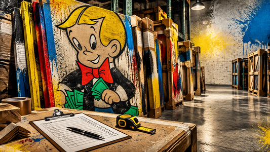 Warehouse inventory of original canvases with a clipboard and tape measure in a bold pop-graffiti market report composition