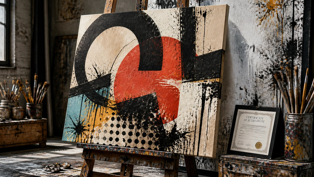 One-of-a-kind original street art canvas leaning on a raw studio easel with certificate of authenticity, paint marks and grit