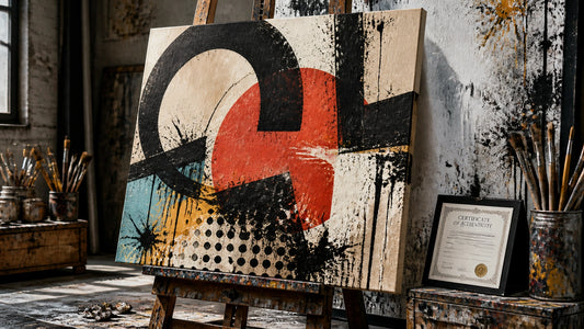 One-of-a-kind original street art canvas leaning on a raw studio easel with certificate of authenticity, paint marks and grit