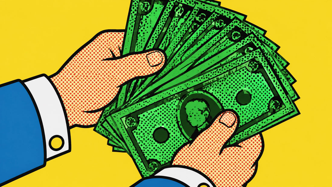 Extreme close-up of Richie Rich hands fanning green banknotes with oversized Ben-Day dots, luxury pop art canvas halftone pri