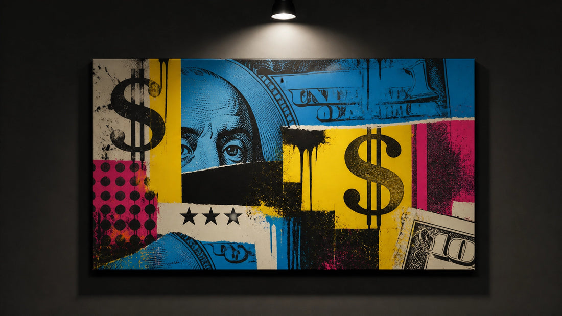 Abstract money wall art illuminated by a precise museum-style LED spotlight in a dark urban gallery setting