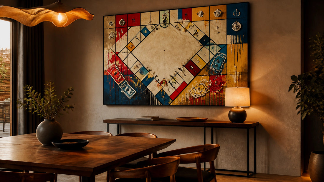Photorealistic dining room with Monopoly-inspired abstract canvas above a console table in warm evening light
