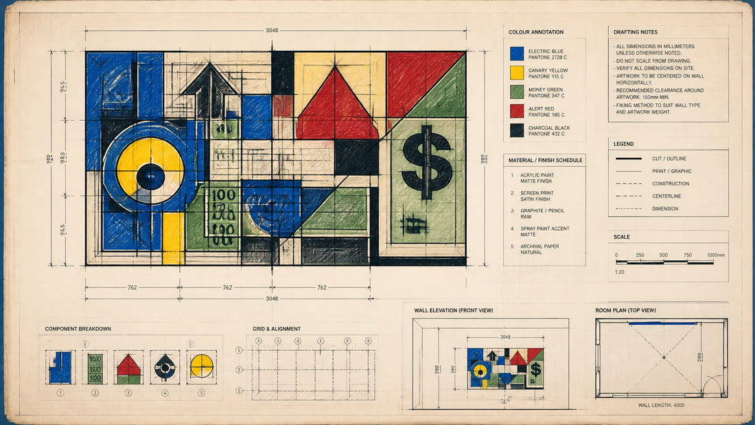 Technical blueprint-style drawing of a bold abstract pop-art composition with measurement lines, grid rulers, colour annotati