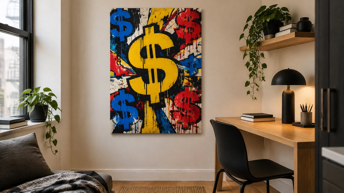 Photorealistic compact studio apartment corner with medium abstract money wall art above a slim desk and smart small-space de