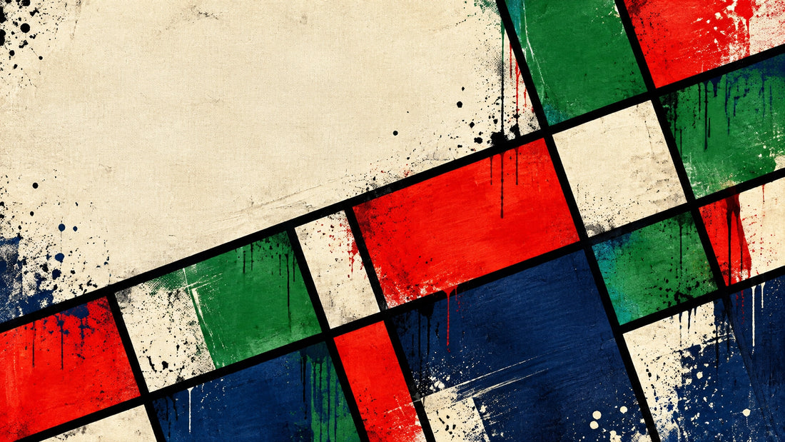 Abstract geometric wall art in cream, red, green and dark navy with bold painted squares, black outlines, graffiti texture an