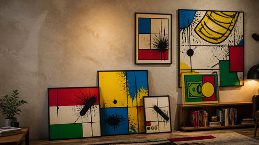 Monopoly wall art collection corner with layered framed pop-graffiti pieces at different heights in warm room light