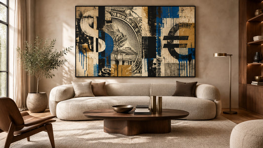 Photorealistic timeless living room with a bold character-free money-themed canvas in warm neutral styling