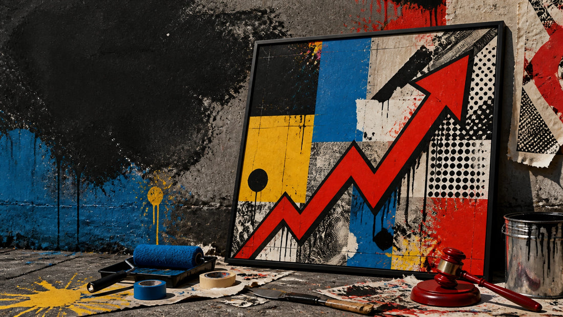 Abstract pop-graffiti artwork showing street art evolving into a collectible market, with a framed canvas, spray-paint textur