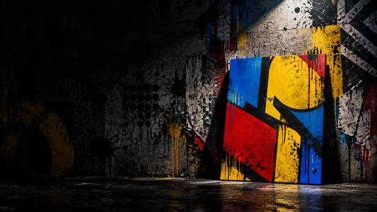 Shadowy figure-free urban wall layered with graffiti and spray paint, with one original canvas illuminated by a spotlight