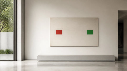 Photoreal minimalist interior with a calm warm-white wall, a single Monopoly-inspired canvas with one red and one green block