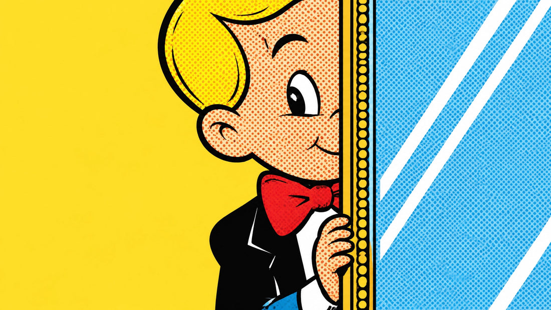 Money wall art mirror styling with Richie Rich art in a tight chest-up portrait peeking around a tall mirror edge, reflected 
