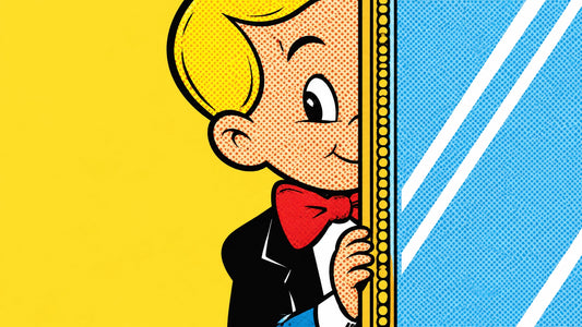 Money wall art mirror styling with Richie Rich art in a tight chest-up portrait peeking around a tall mirror edge, reflected 
