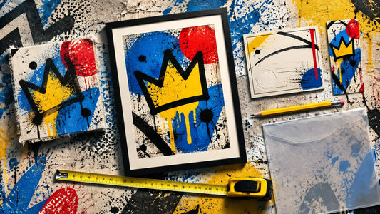 Flat-lay of a beginner street art collection with a small framed print, mini canvas, certificate, bookmark-sized artwork and 