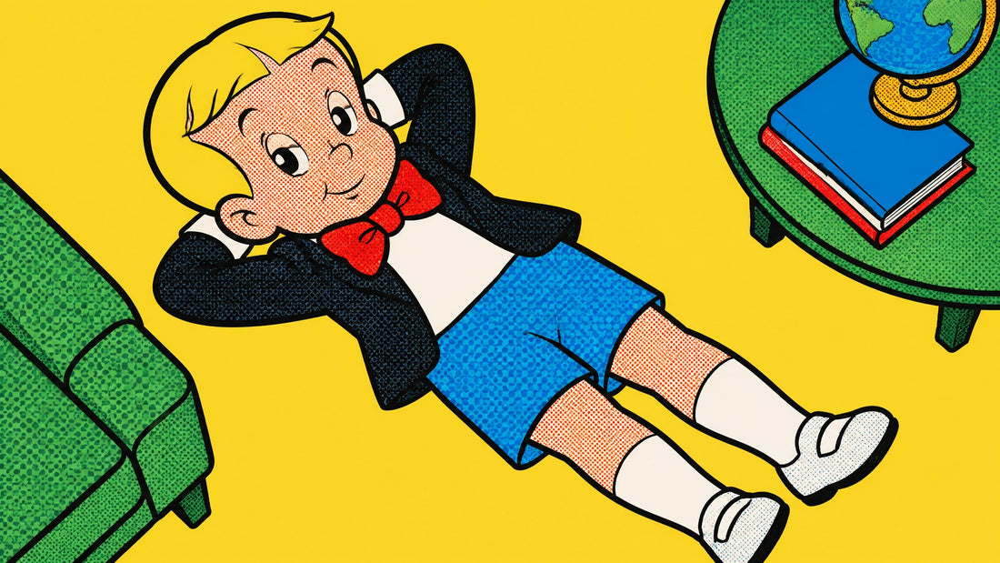 High-angle Richie Rich art figure lying back on a yellow ground, photographing pop art canvas style with golden hour art phot
