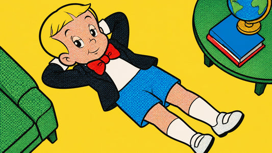 High-angle Richie Rich art figure lying back on a yellow ground, photographing pop art canvas style with golden hour art phot