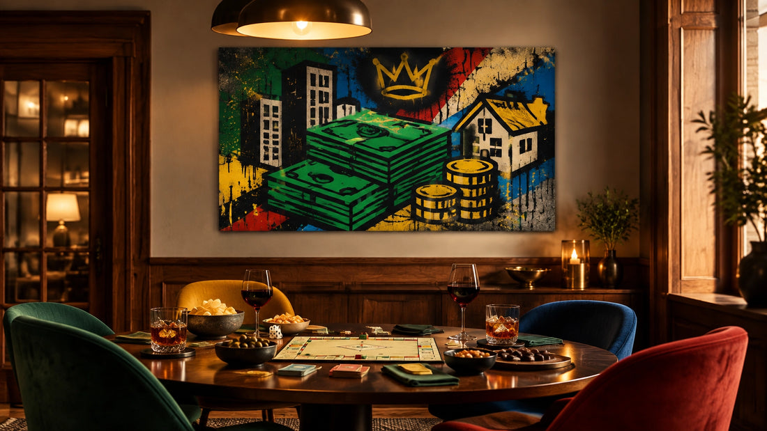 Warm evening game-night table with elegant snacks, drinks and Monopoly-inspired pop-graffiti wall art above it