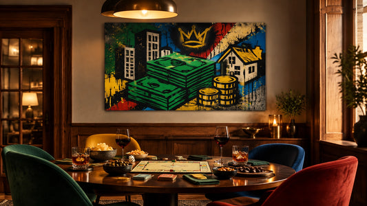 Warm evening game-night table with elegant snacks, drinks and Monopoly-inspired pop-graffiti wall art above it