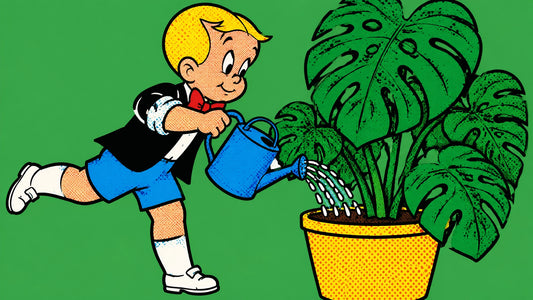 Money wall art with plants in FFUR Luxury Street Art style, Richie Rich watering a giant monstera, biophilic styling pop art 