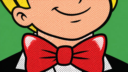 Extreme close-up Richie Rich art detail showing red bowtie and lower face with white Ben-Day halftone highlights on a flat gr