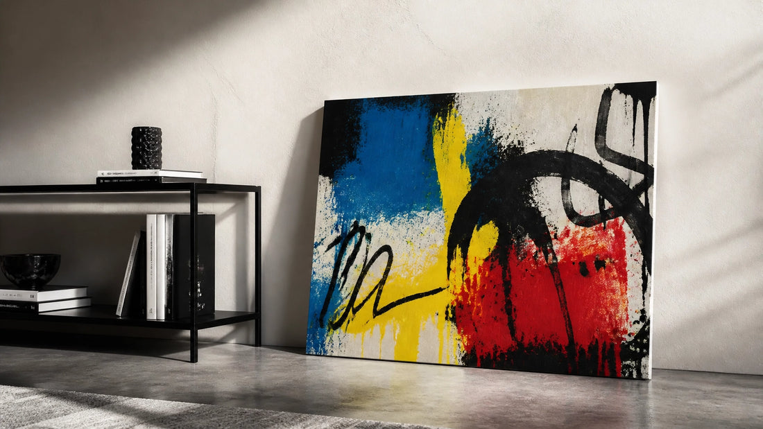 Character-free pop art canvas leaning on the floor beside a sleek open shelf in a contemporary interior with bold urban galle