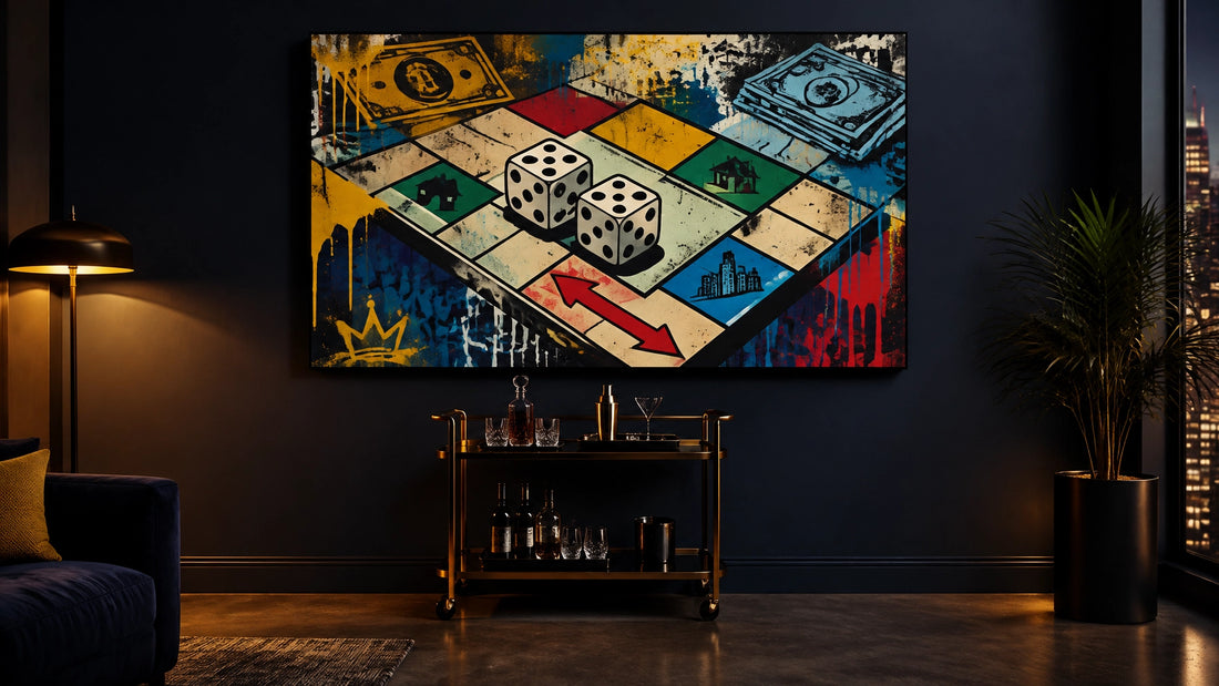 Calm Friday evening interior with a Monopoly-inspired pop-art canvas above a sleek bar cart, warm low light and bold graphic 