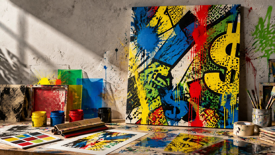 Forward-looking street-art studio with an experimental pop art canvas, acrylic panels, pigment tests and bold graphic materia