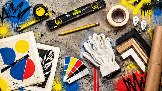 Character-free flat lay of a tape measure, spirit level, masking tape, frames and colourful art prints arranged on a raw floo