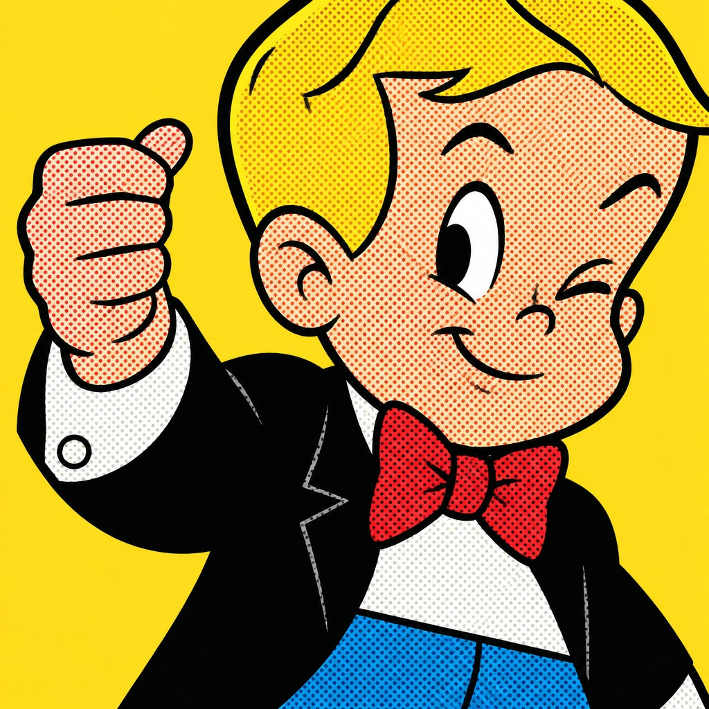 Monopoly wall art dining room art pop art canvas featuring Richie Rich art in a tight chest-up portrait with a toast gesture 