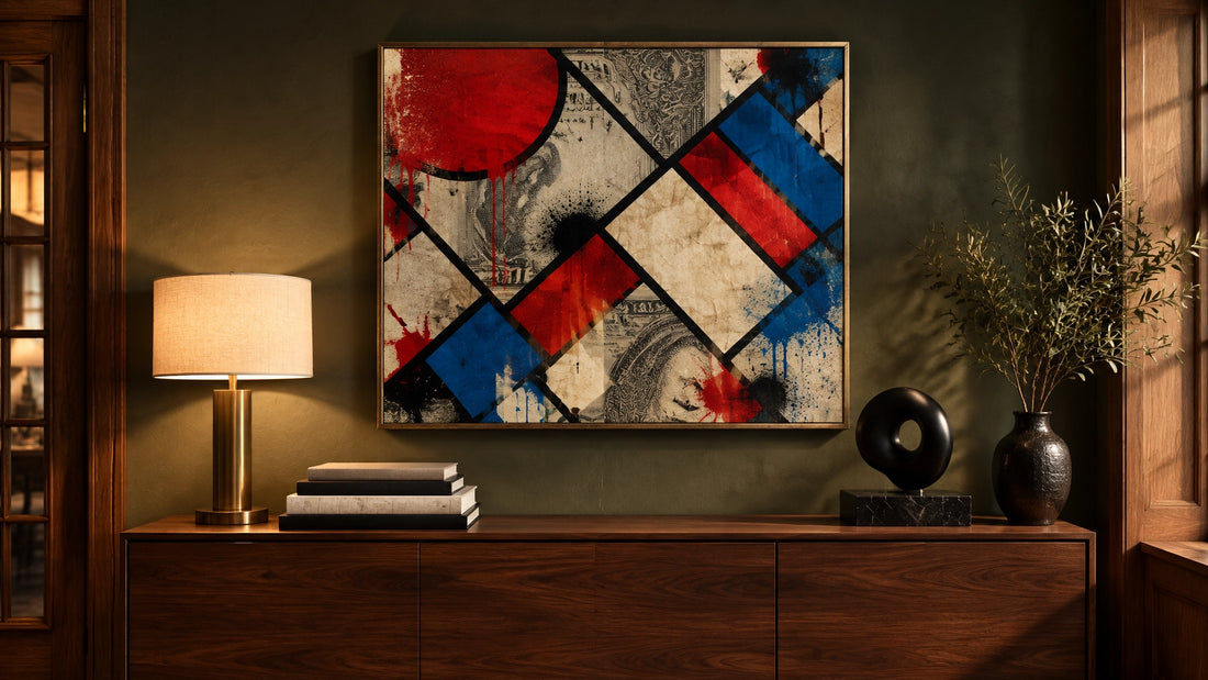 Photorealistic luxury console vignette with framed Monopoly-inspired wall art, a brass lamp, dark walnut furniture and a cura