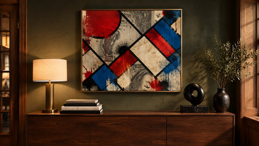 Photorealistic luxury console vignette with framed Monopoly-inspired wall art, a brass lamp, dark walnut furniture and a cura