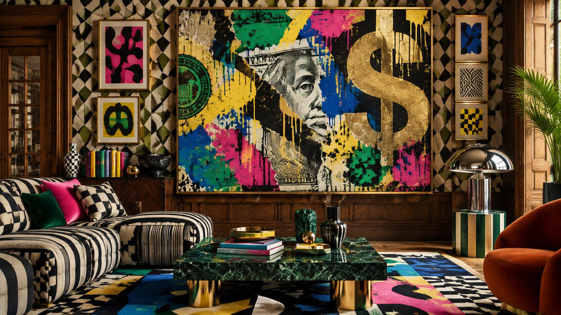 Maximalist interior with layered patterns, saturated colour, sculptural objects and a statement abstract money wall art canva