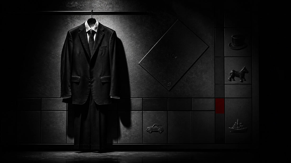 Dramatic film-noir black-and-white photograph of an empty black business suit against a shadowy board-game grid wall with a s