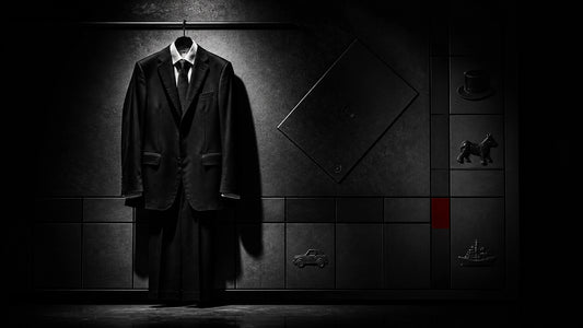 Dramatic film-noir black-and-white photograph of an empty black business suit against a shadowy board-game grid wall with a s