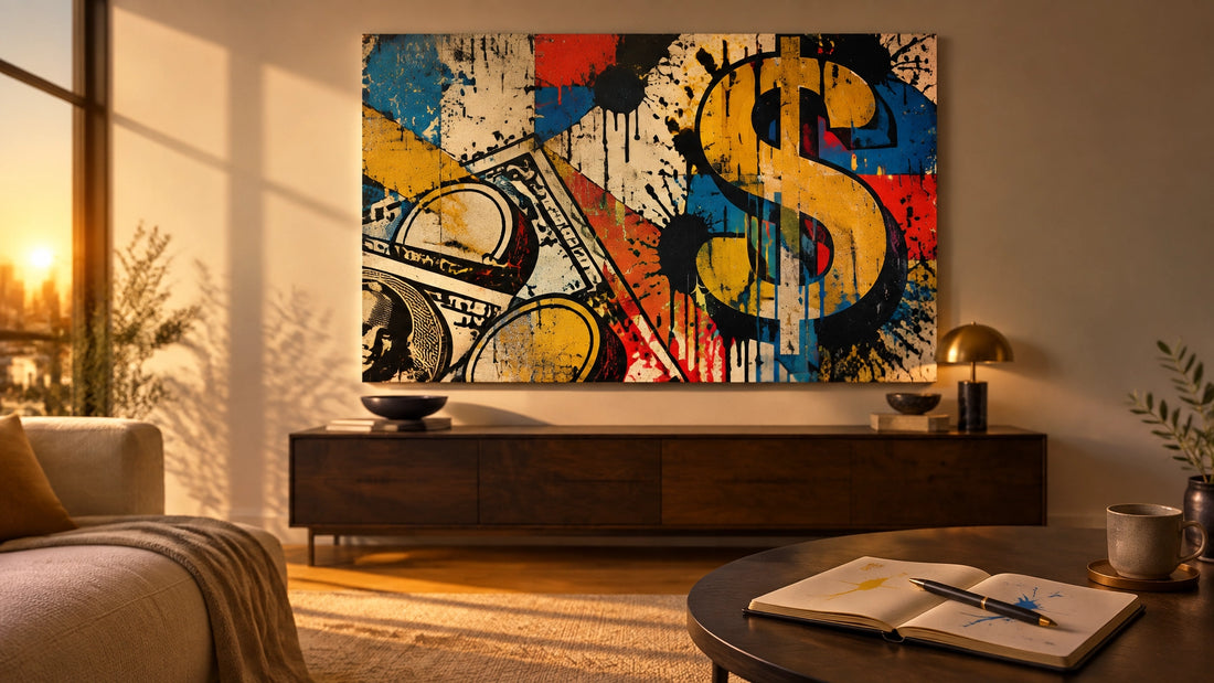 Calm Sunday room at golden hour with a character-free money-themed canvas, open notebook and pen on a side table