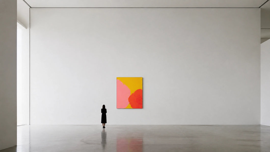 Single bold pop-art canvas hanging alone on a vast empty white gallery wall with a tiny silhouetted figure for scale