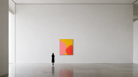 Single bold pop-art canvas hanging alone on a vast empty white gallery wall with a tiny silhouetted figure for scale