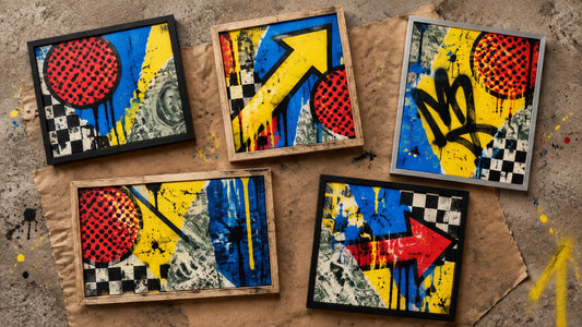 Top-down flat-lay of multiple small framed, character-free pop art panels arranged as a considered starter set on a raw concr