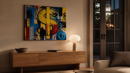 Calm Sunday evening living room with warm lighting, a sleek console, and a vibrant money-themed canvas above it