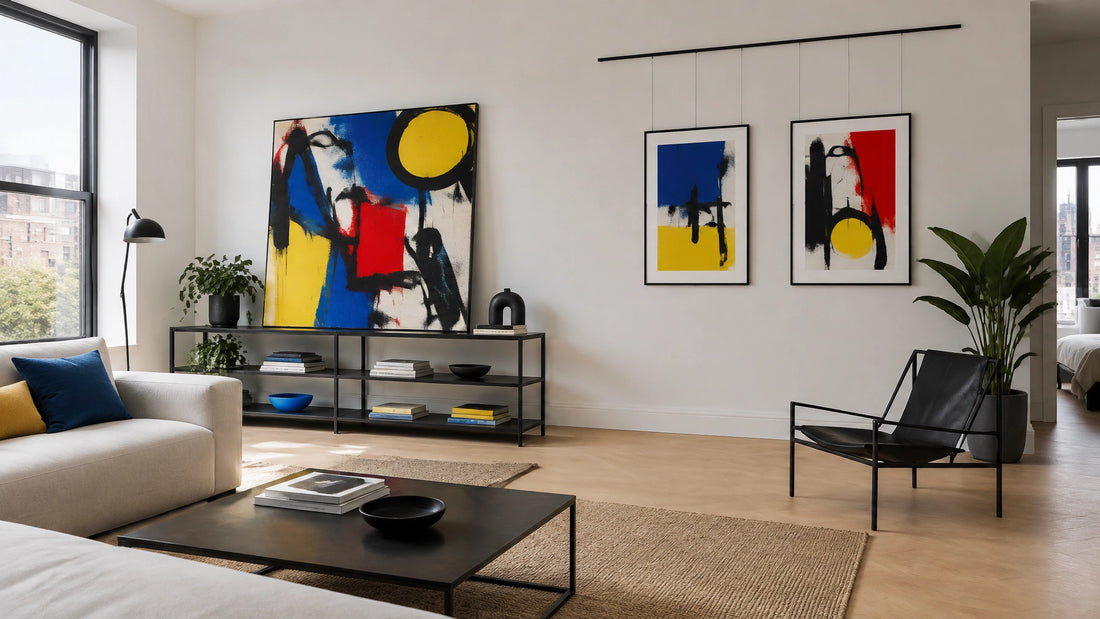 Photorealistic rental apartment with a bold abstract street-art canvas leaning on a shelf and framed artwork displayed from a