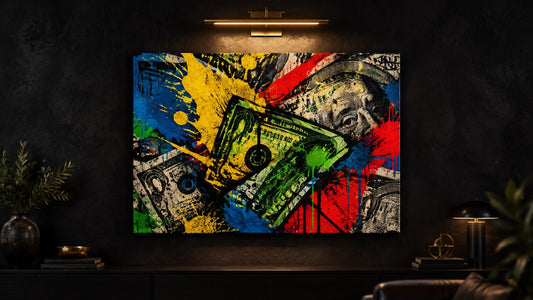 Photorealistic dark charcoal wall with a vibrant money-themed street-art canvas glowing beneath a warm brass picture light