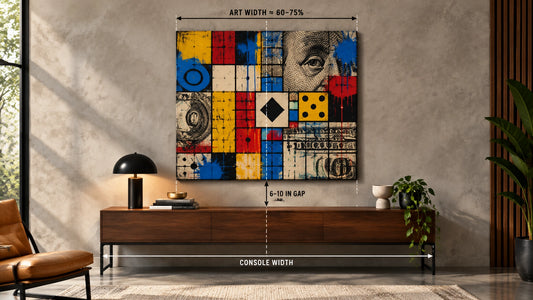 Technical editorial interior showing large square Monopoly-inspired money wall art above a console with measurement annotatio
